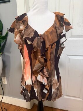 Cato Ruffled V-Neck Blouse in Brown, Coral & Cream